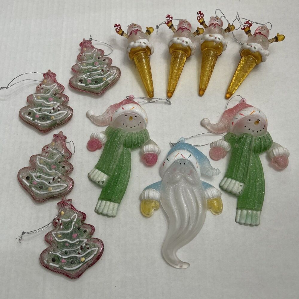 PLASTIC FROSTED CHRISTMAS TREE ORNAMENTS SNOWMAN CONES, TREES, SNOWMEN, SANTA